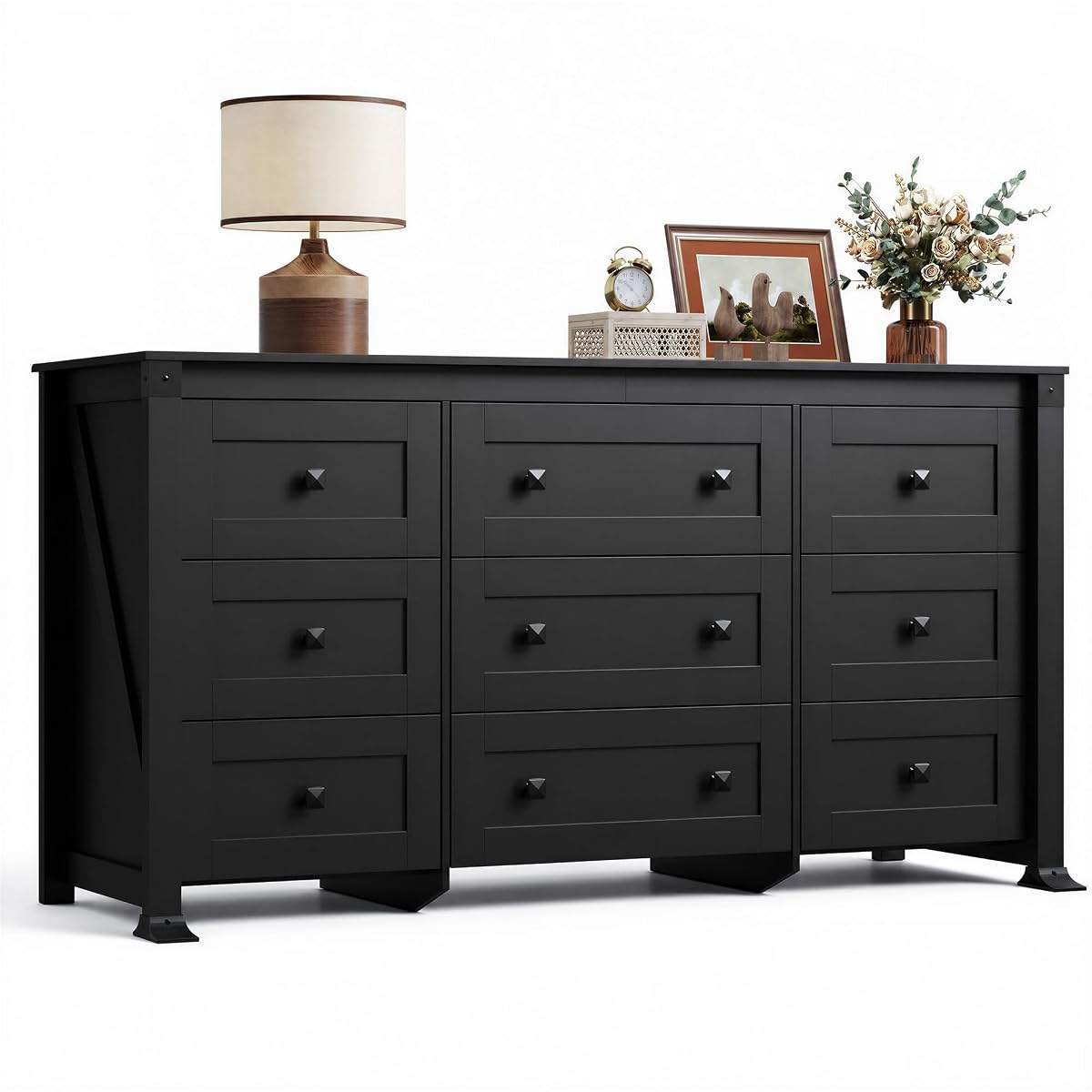 9 Drawer Dresser Black, 62" Wide Wooden Chest with Anti-Tip Structure
