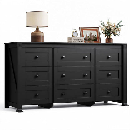 9 Drawer Dresser Black, 62" Wide Wooden Chest with Anti-Tip Structure