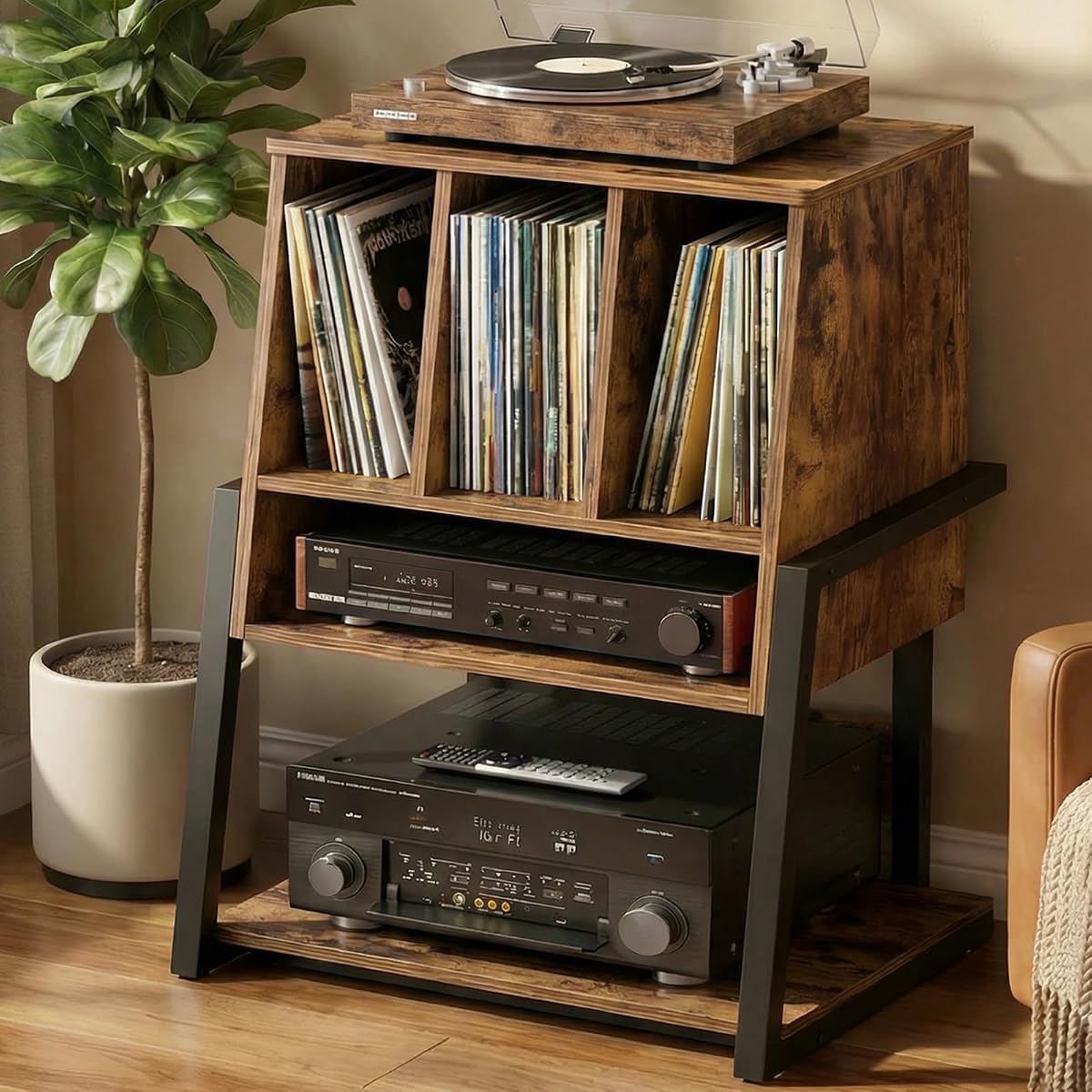 Record Player Stand with Power Outlet, Rustic Brown