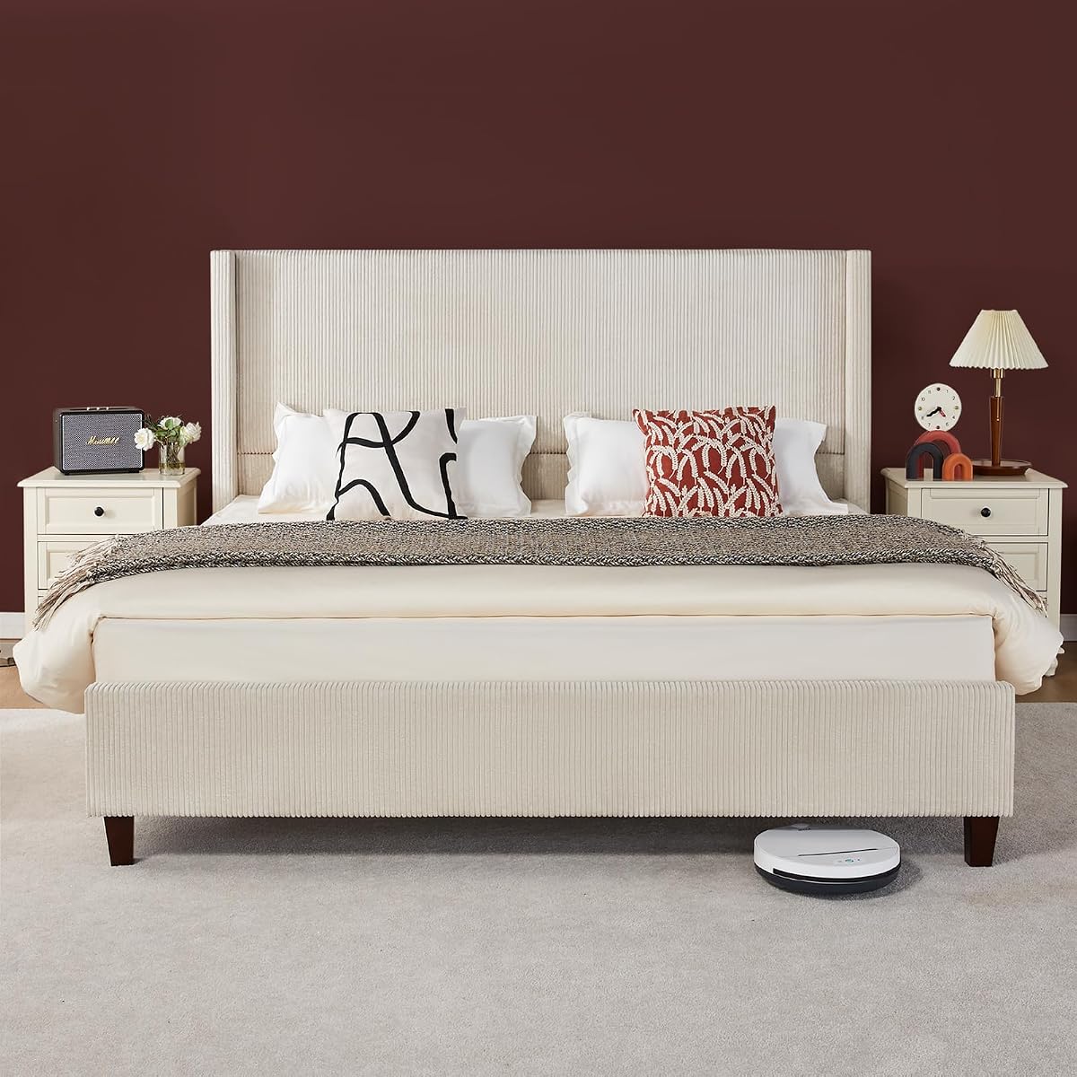 Queen Size Platform Bed Frame, 50.8" Corduroy Upholstered Bed with Vertical Channel Tufted Headboard/Wooden Slats/Wingback/No Box Spring Required/Beige