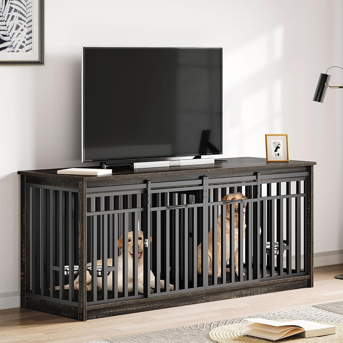 71" Double Dog Crate Furniture for 2 Dogs with 4 Bowls