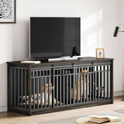 71" Double Dog Crate Furniture for 2 Dogs with 4 Bowls
