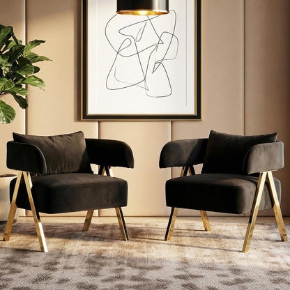 Modern Black Gold Velvet Accent Chairs Set 2, Barrel Armchairs Living Room | Comfy Reading Chairs, Living Room and Bedroom Seating, Curved Barrel Design, Gold-Tone Legs, Wide Seat, Small Space