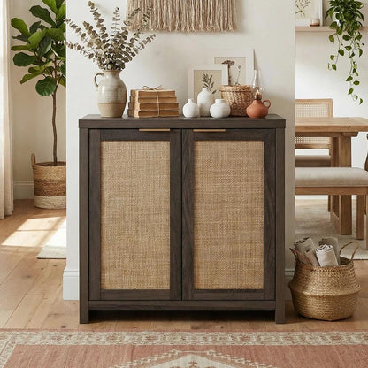 Home Rattan Sideboard Cabinet with Storage, Black Oak