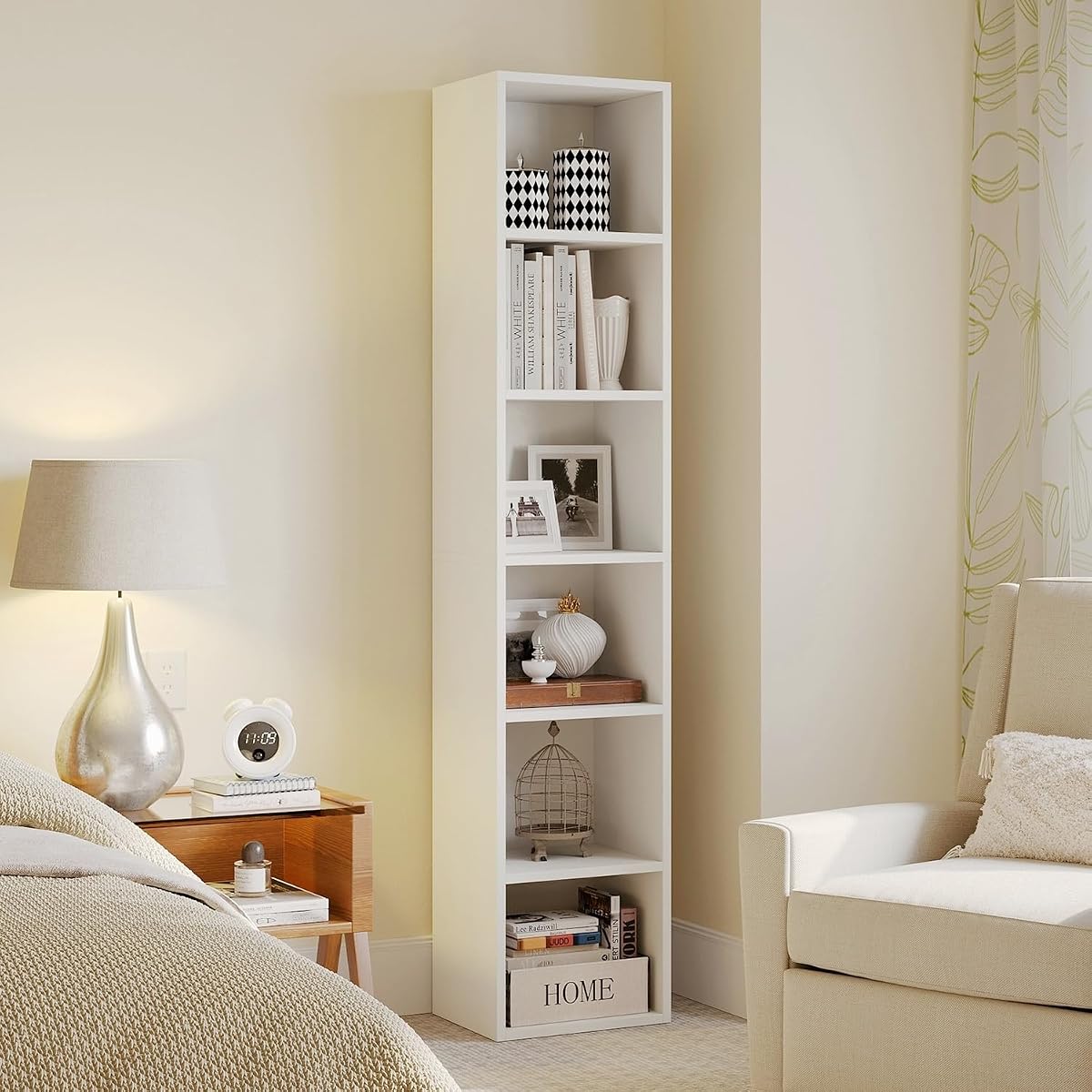Narrow Bookshelf, 6-Tier Open Bookcase, Coner Shelf, Storage Shelves, Display Storage Shelves, Floor Standing Unit, Home Decor, Furniture for Home Office, Living Room, Bedroom, White