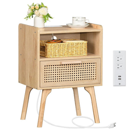Rattan Nightstand with Charging Station, Boho Side Table with Drawer Open Shelf, Cane Accent Bedside End Table for Bedroom, Dorm and Small Spaces