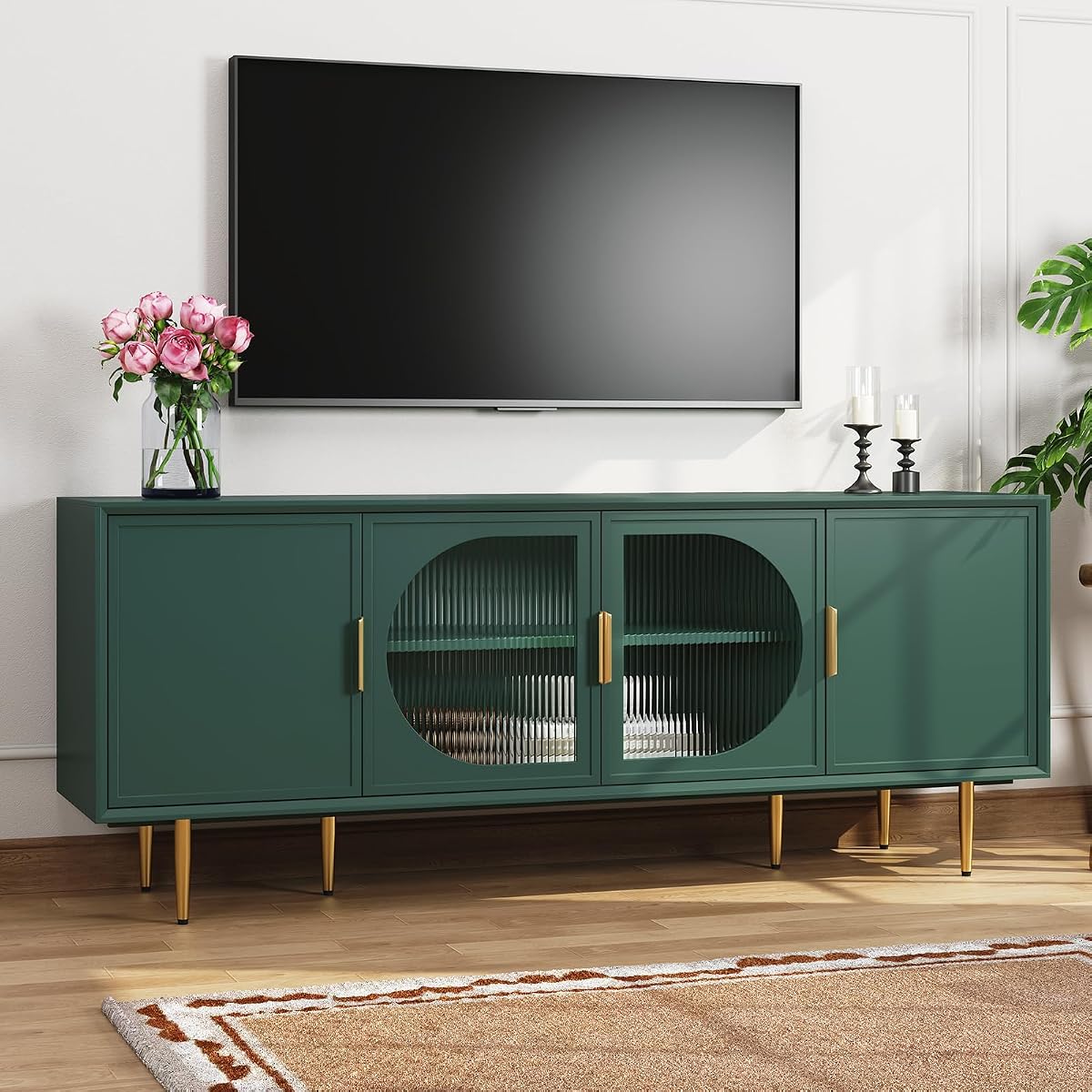 66" TV Stand for 75 Inch TV, Minimalist Media Console with Adjustable Shelves, Modern Entertainment Center with Storage for Living Room Bedroom, Green