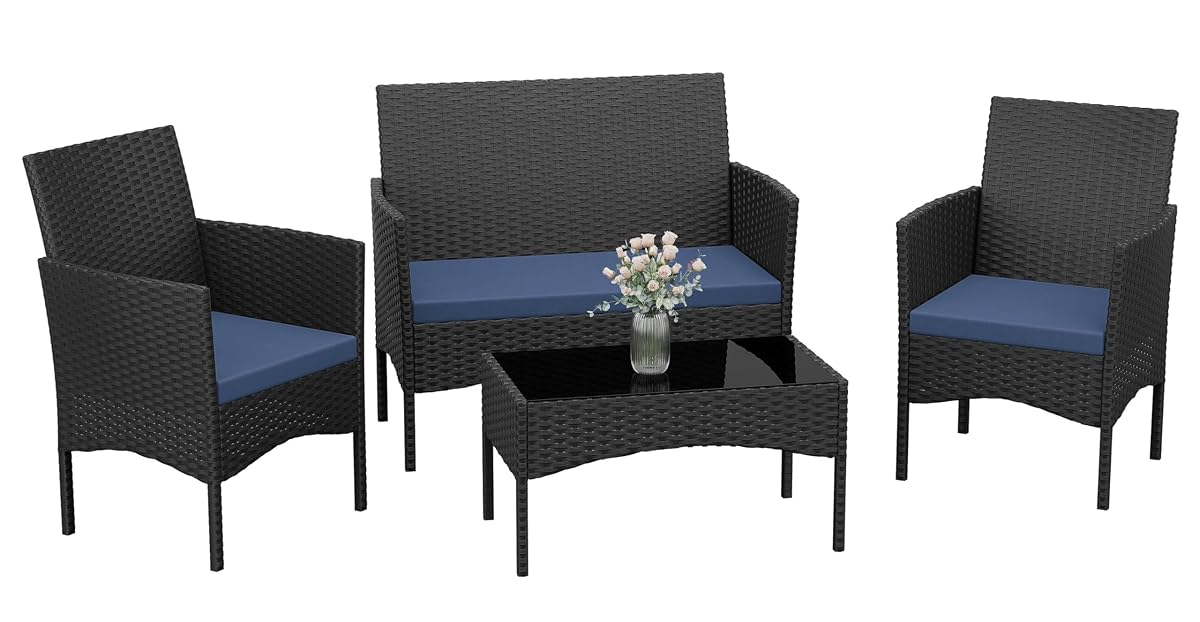 Patio Furniture Set 4 Pieces Outdoor Wicker Rattan Chairs Conversation Sets w/Coffee Table, Rocking Bistro Set, for Patio Backyard Lawn (Navy Blue)