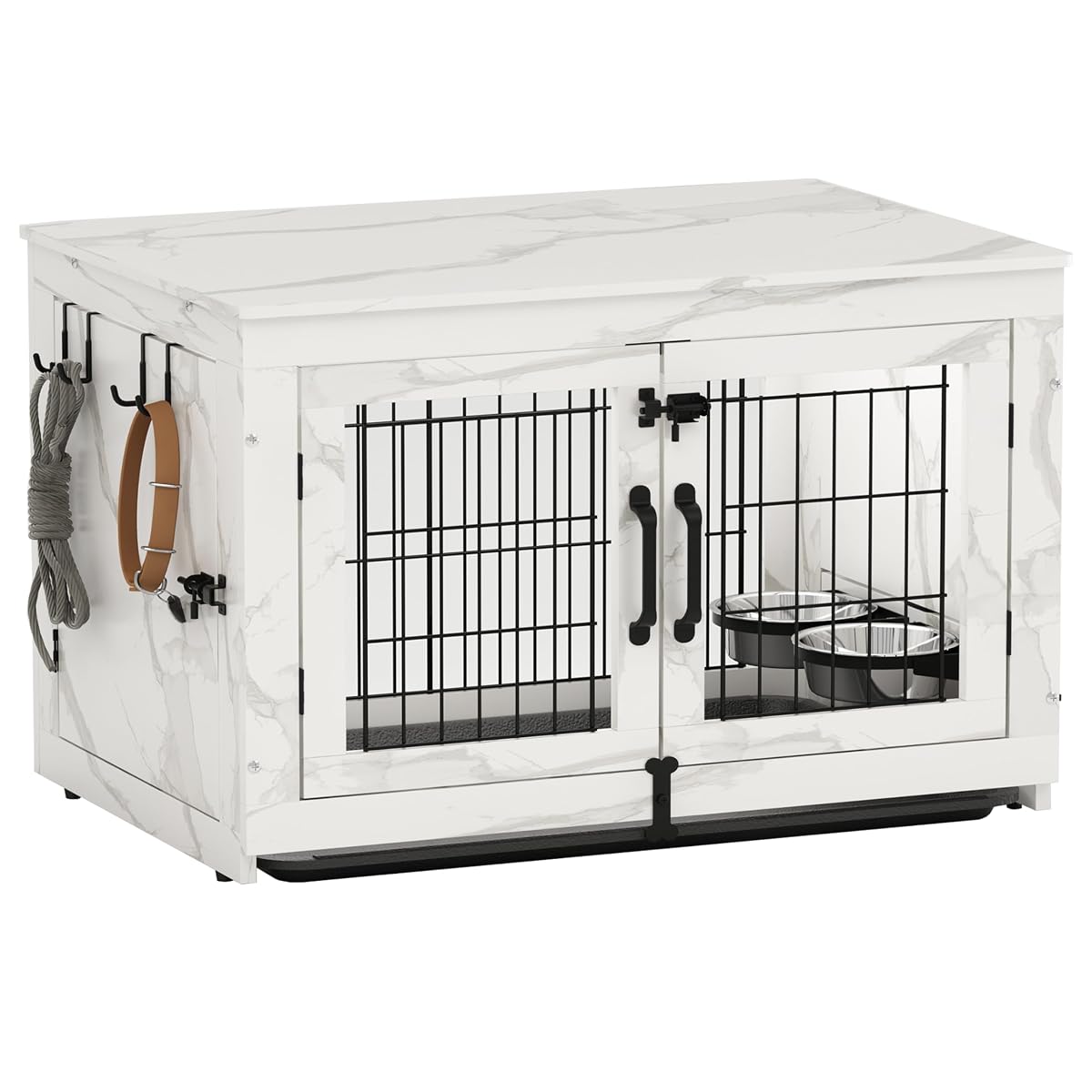 Wooden Dog Crate Furniture with 360°Rotatable Removable Dog Bowls