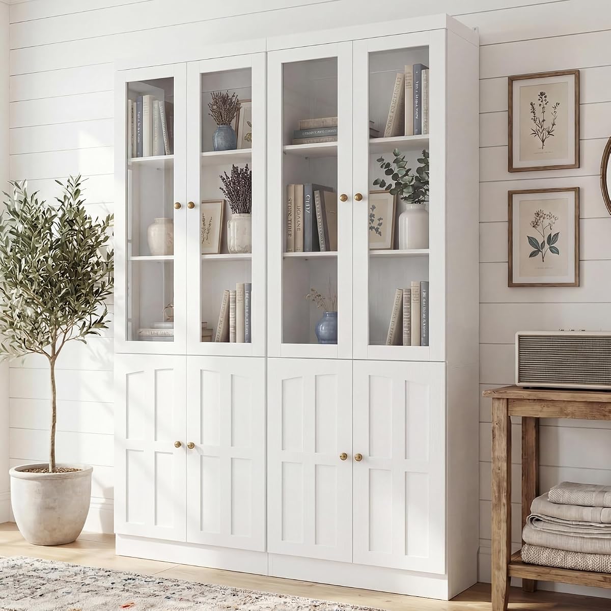 80" Bookshelf with Glass Doors and Adjustable Shelves, Set of 2