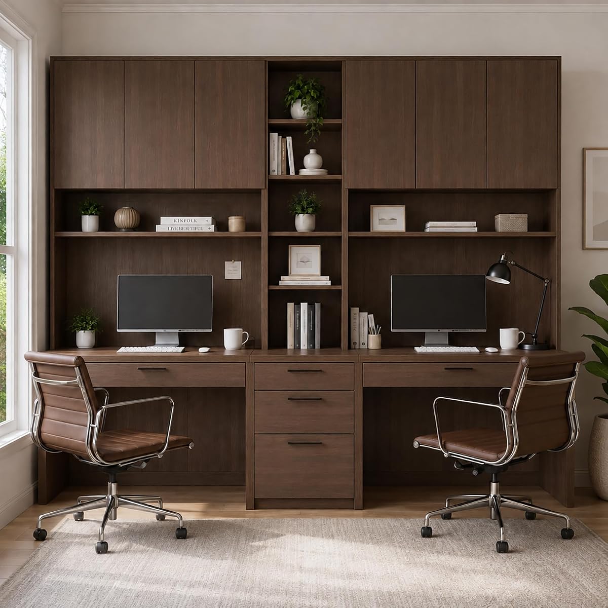 Large Two Person Desk with Bookshelf, Double Desk, Hutch and 5 Drawers