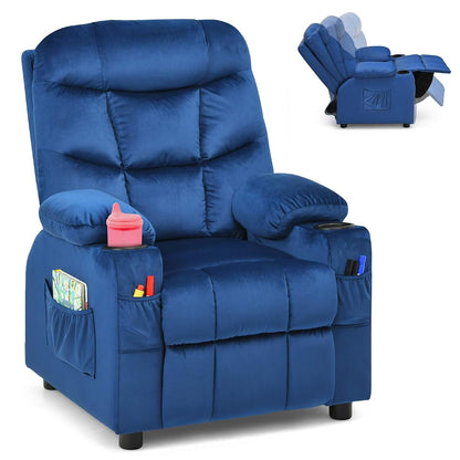 Kids Recliner Chair with Cup Holder, Adjustable Velvet Lounge Chair w/Footrest & Side Pockets for Children Boys Girls Room, Ergonomic Toddler Furniture Sofa Gifts, Kids Recliner (Blue)