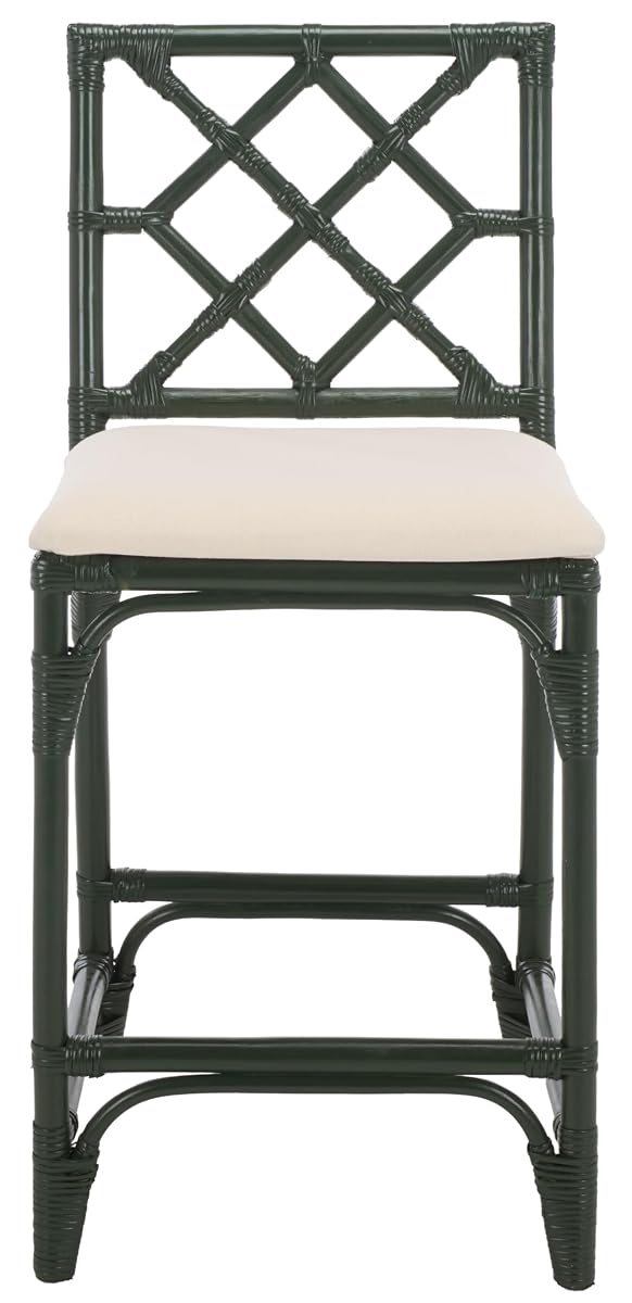 SAFAVIEH Furniture - Bhumi 23.6" Seat Height Counter Stool - White & Forest Green - Handwoven Rattan Design - Fully Assembled - Ideal for Kitchen, Dining Room & Kitchen Island (BST6511E)
