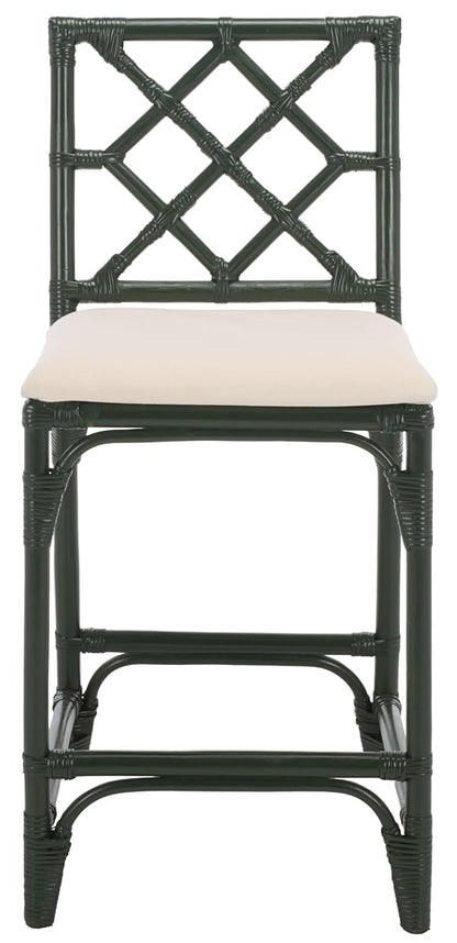 SAFAVIEH Furniture - Bhumi 23.6" Seat Height Counter Stool - White & Forest Green - Handwoven Rattan Design - Fully Assembled - Ideal for Kitchen, Dining Room & Kitchen Island (BST6511E)