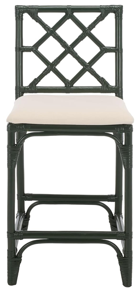 SAFAVIEH Furniture - Bhumi 23.6" Seat Height Counter Stool - White & Forest Green - Handwoven Rattan Design - Fully Assembled - Ideal for Kitchen, Dining Room & Kitchen Island (BST6511E)