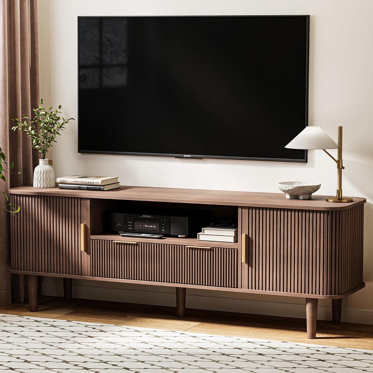 62" Mid Century Modern Fluted TV Stand, Tambour Doors