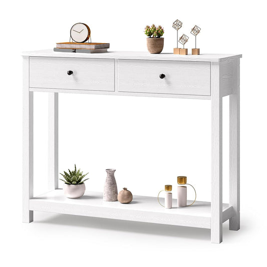 Console Table with Drawers, Sofa Table with Storage Shelves, 2-Tier Wooden Entryway Table for Living Room, Kitchen, Hallway, Foyer, White