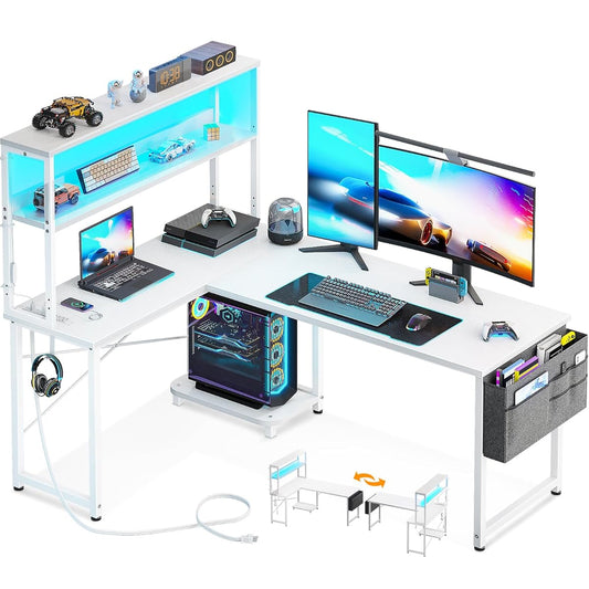 L Shaped Desk Gaming Desk with LED Light & Power Outlet, 53 Inch Reversible L Shaped Computer Table with Shelf, Corner Desk with Storage Bag&Hook for Home Office Desk, White