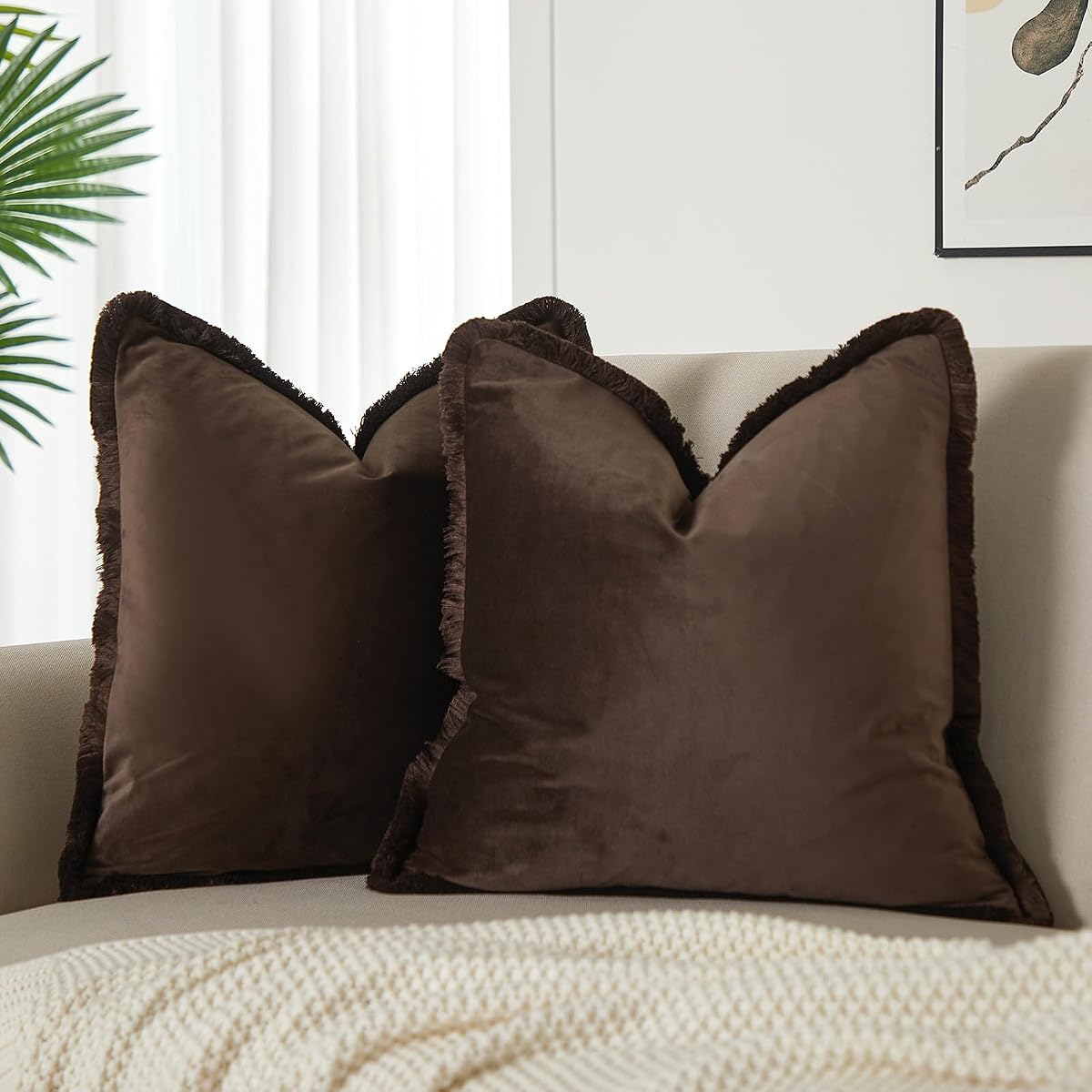 Coffee Velvet Throw Pillow Covers 18x18 Inch Set of 2 with Soft Tassel Fringe Luxury Boho Pillowcase for Sofa Couch Bed Home Decor Machine Washable