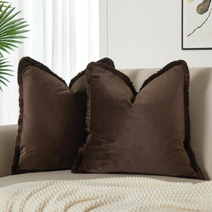 Coffee Velvet Throw Pillow Covers 18x18 Inch Set of 2 with Soft Tassel Fringe Luxury Boho Pillowcase for Sofa Couch Bed Home Decor Machine Washable