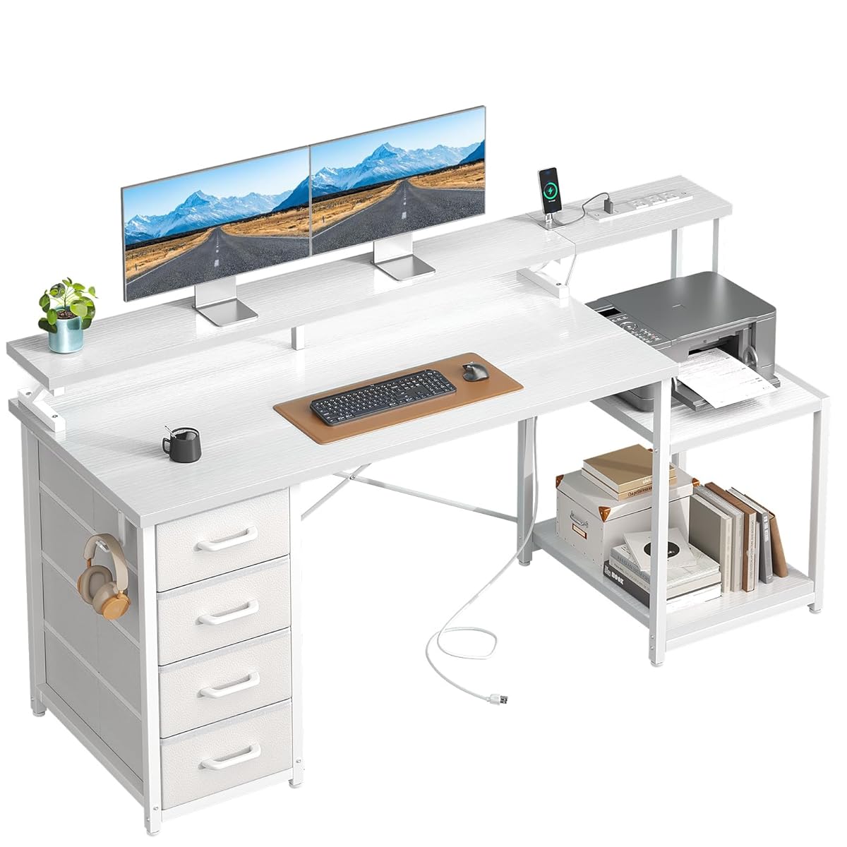 55 Inch Computer Desk with 4 Drawers, Office Desk with Power Outlets, Printer Shelf & Storage Shelves, Large Writing Study Table for Home, Bedroom, Study or Gaming Setup, White