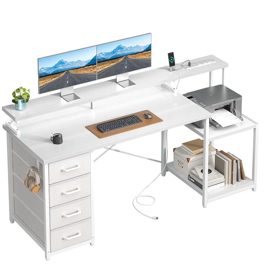 55 Inch Computer Desk with 4 Drawers, Office Desk with Power Outlets, Printer Shelf & Storage Shelves, Large Writing Study Table for Home, Bedroom, Study or Gaming Setup, White
