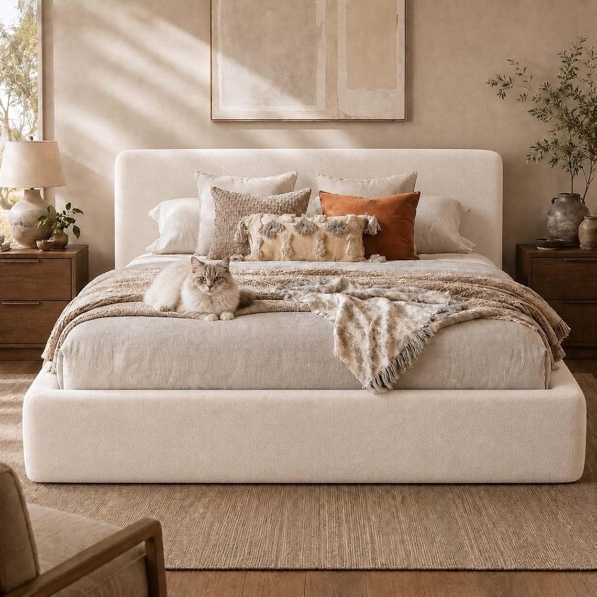 Queen Size Upholstered Bed Frame with Headboard, Cloud Boucle Bed Frame