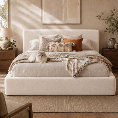 Queen Size Upholstered Bed Frame with Headboard, Cloud Boucle Bed Frame