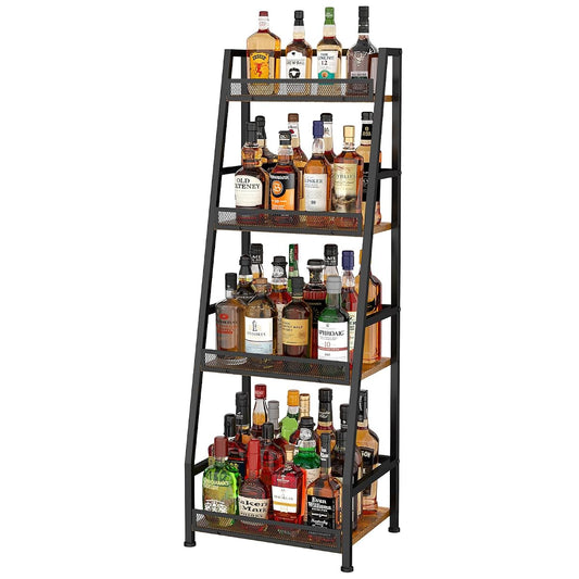 4-Tier Trapezoid Liquor Stand for Home Bar, Stepped Wine Rack Freestanding Floor Liquor Cabinet for Whiskey Wine, Versatile Corner Wine Bottle Display Stand with Fences, Vintage Brown（Patent Pending）
