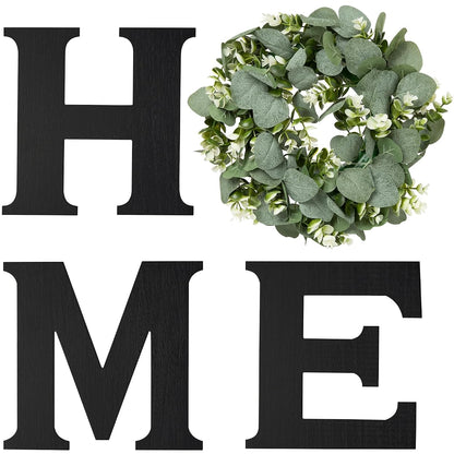 Farmhouse Wall Home Sign with Artificial Eucalyptus for O Rustic Wooden Hanging Letters Decorative Wall Art Decor for Living Room Kitchen Entryway Housewarming Gift, Black