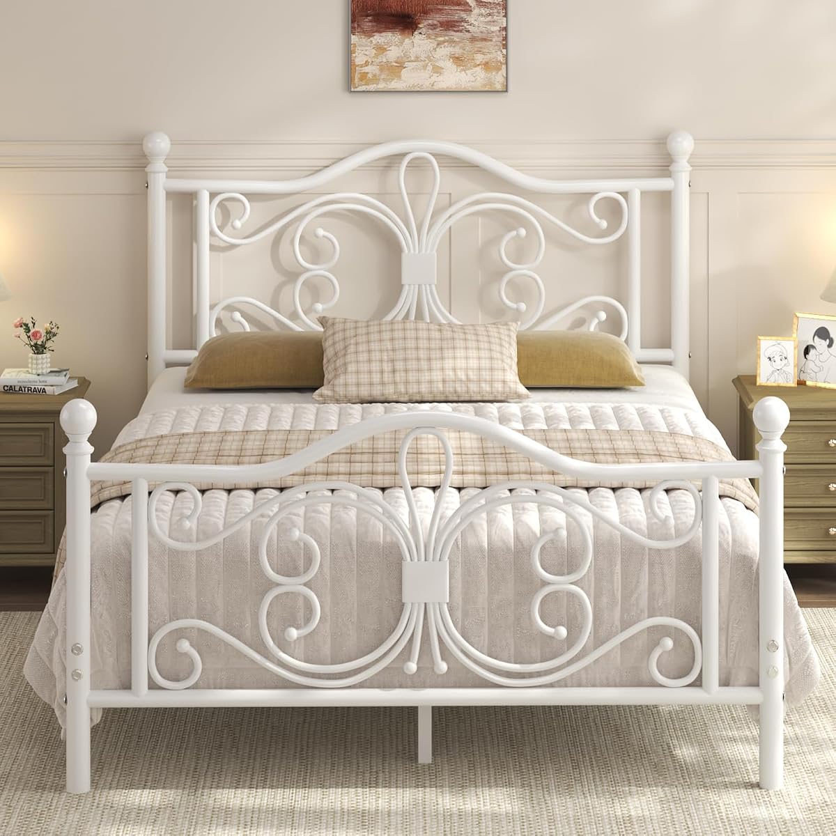 Full Size Bed Frame with Butterfly Pattern Design Headboard, White