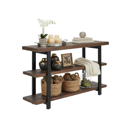Pomona 3-Tier Solid Wood Media Console Table with 2 Open Shelves and Metal Legs - Rustic Industrial Farmhouse TV Stand and Storage Console (Rustic Brown)