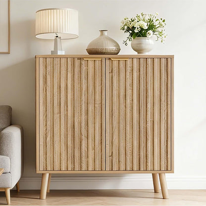 Fluted Storage Cabinet, Sideboard Buffet with Doors and Shelf, Wooden Console Table & Credenza, Multifunctional Entryway Cabinet for Living Room, Dining Room (Natural)