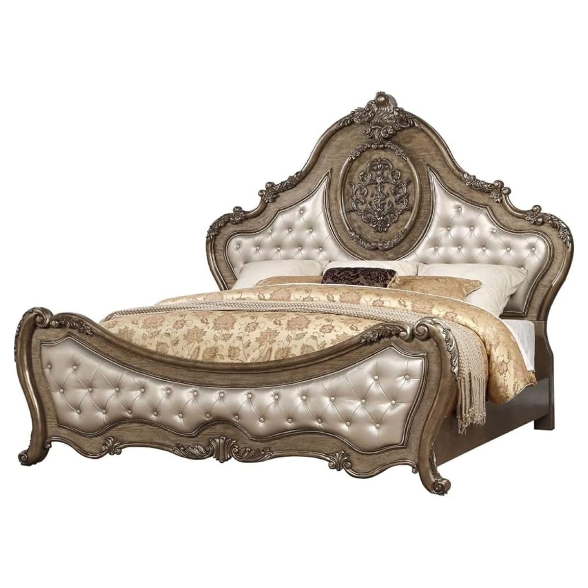 Ragenardus Queen Bed Synthetic Leather Upholstered Headboard Vintage Oak Carved Wood Frame Elegant Bedroom Furniture Luxury Design Sturdy Construction Classic Style Timeless Comfort