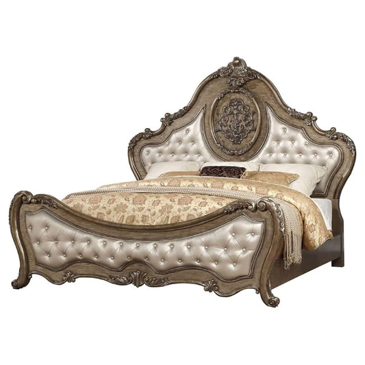 Ragenardus Queen Bed Synthetic Leather Upholstered Headboard Vintage Oak Carved