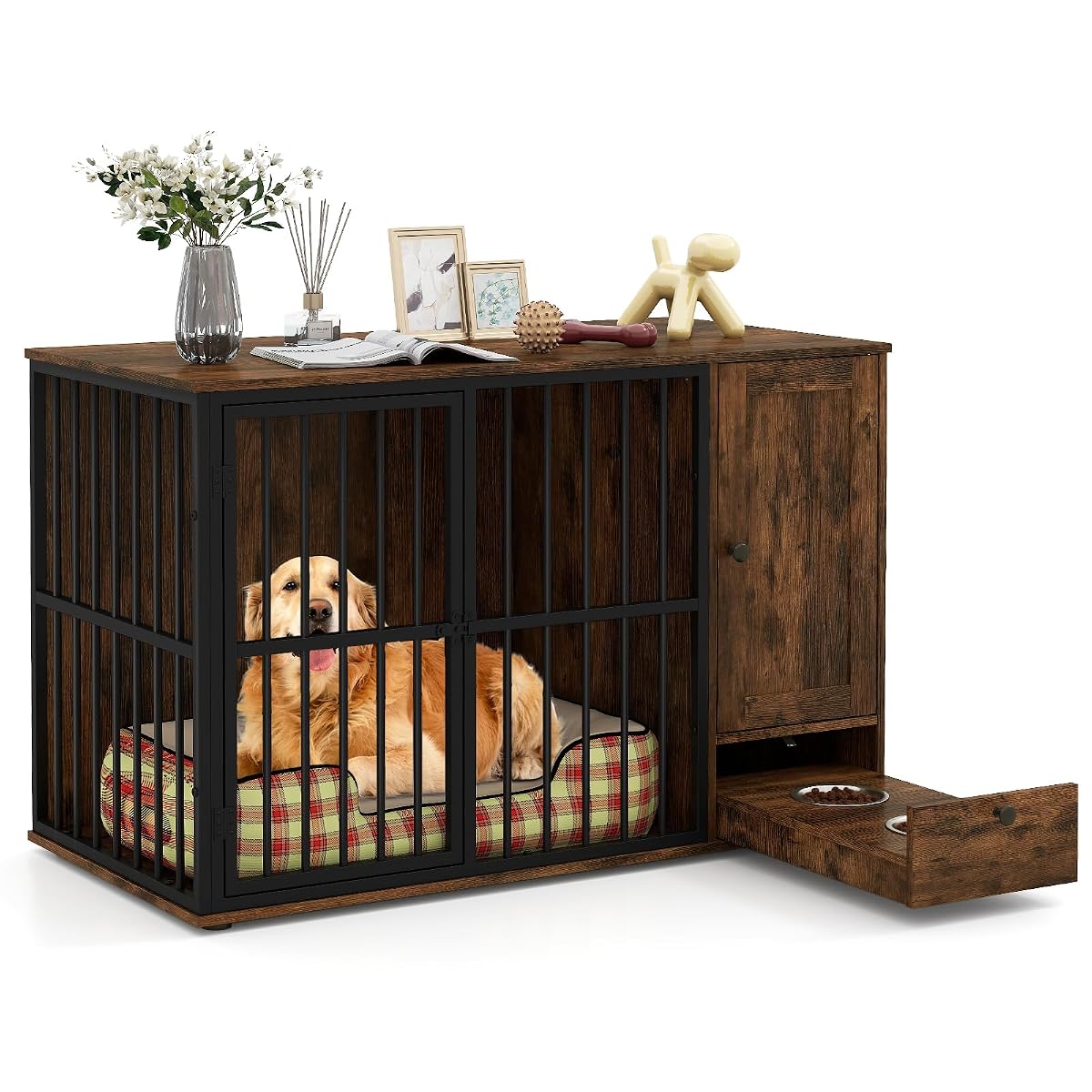 47.5" Dog Crate Furniture with Hidden Feeding Drawer & Side Storage Cabinet