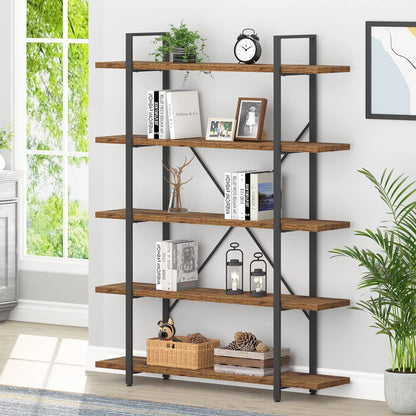 Rustic Bookcases and Book Shelves 5 Shelf, Metal Wood 5 Tier Bookshelf and Storage Book Rack, Vintage Large Book Shelf for Bedroom Living Room Office,Open Vertical Display Etagere Book Case, Brown