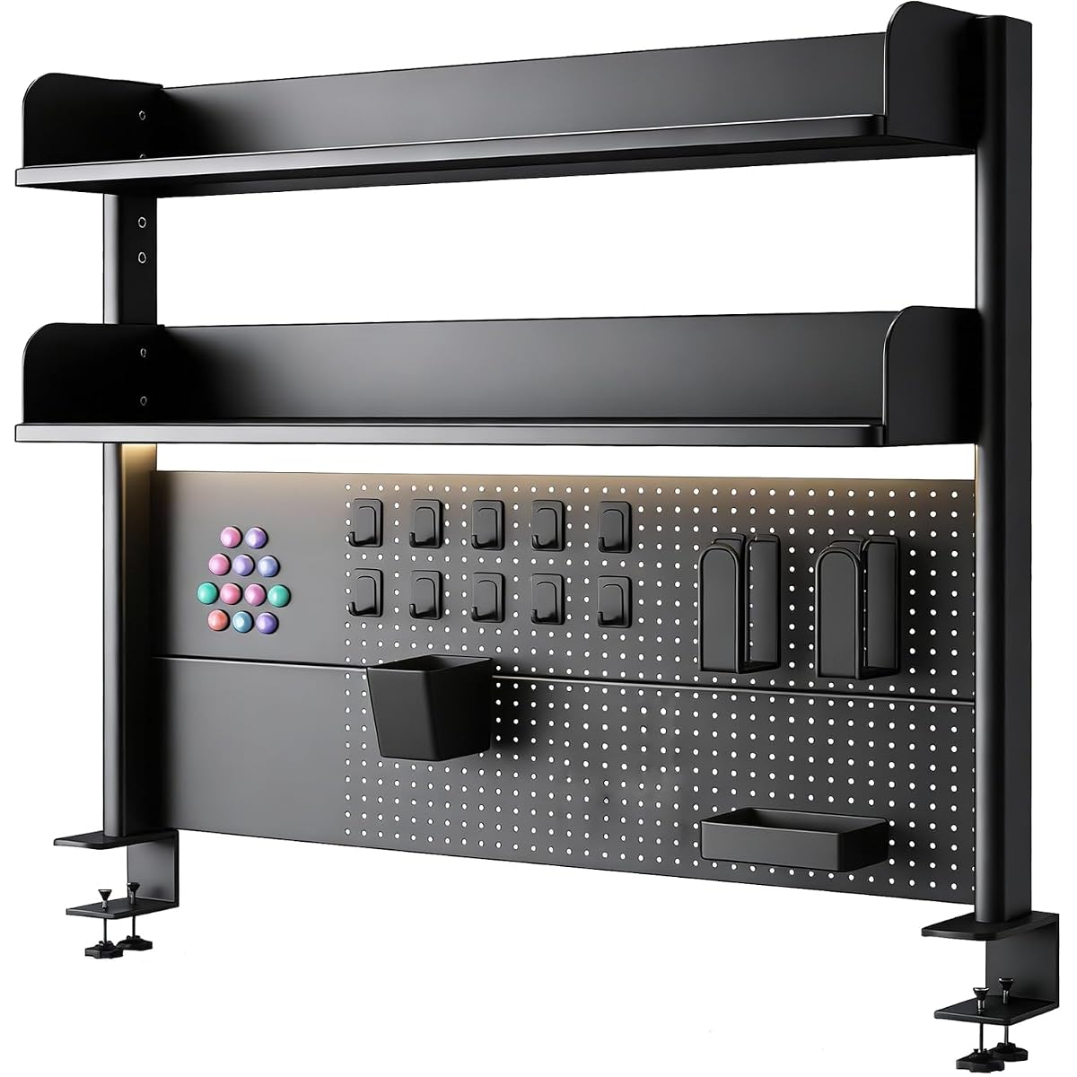 Clamp On Desk Pegboard Shelf - Metal Desktop Organizer Hutch with 2 Shelves
