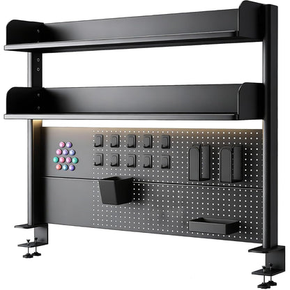 Clamp On Desk Pegboard Shelf - Metal Desktop Organizer Hutch with 2 Shelves