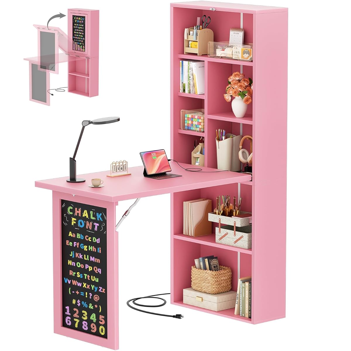 Small Folding Desk with Outlets, Convertible Writing Desk for Small Spaces/Home Office/Craft Room, Multi-Function Desk Workstation with Blackboard, Fold-Out Cabinet Table, Pink