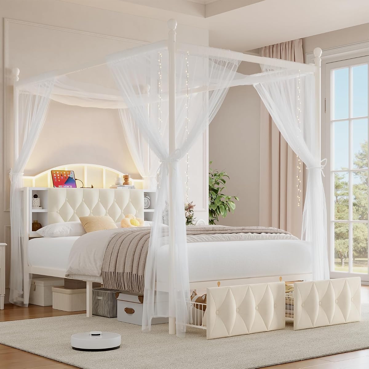 Full Size Upholstered LED Canopy Bed Frame with 2 Drawers and & Charging Station