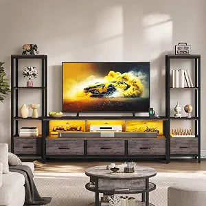 Industrial LED TV Stand for 65 Inch TVs, Bookshelves, Grey, view 2