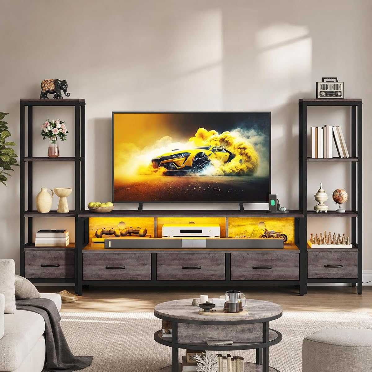 Industrial LED TV Stand for 65 Inch TVs, Bookshelves, Grey