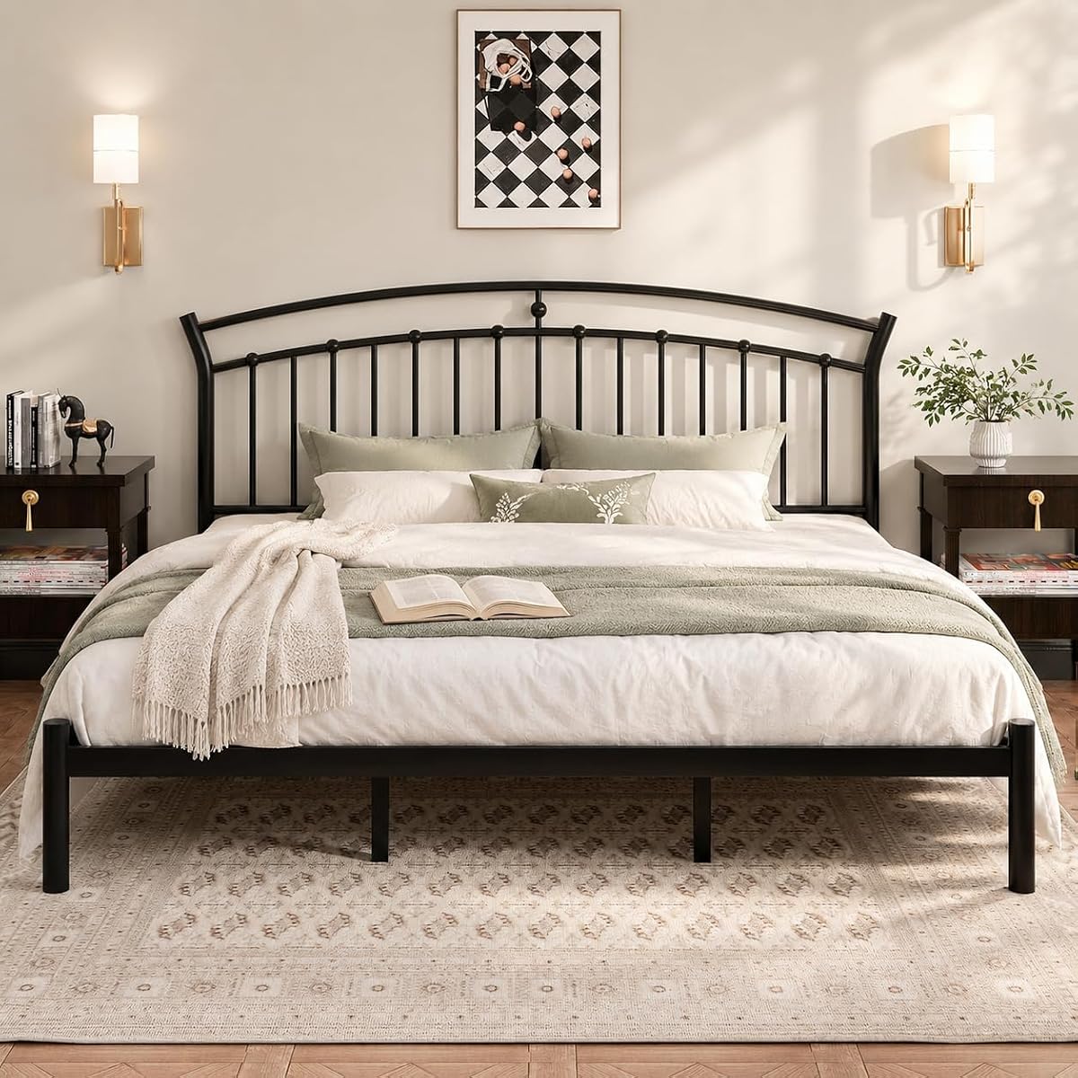 King Size Metal Bed Frame with Headboard, Classic Black, Heavy Duty