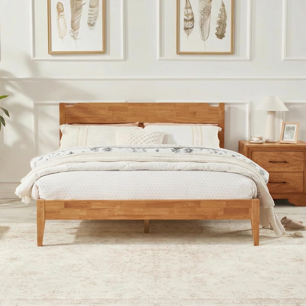 Solid Wood Bed Frame with Rubberwood Platform, Quiet Stability Design