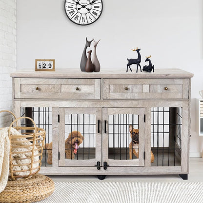 Dog Crate Furniture with Drawers for Large Breed,58" Dog Kennel
