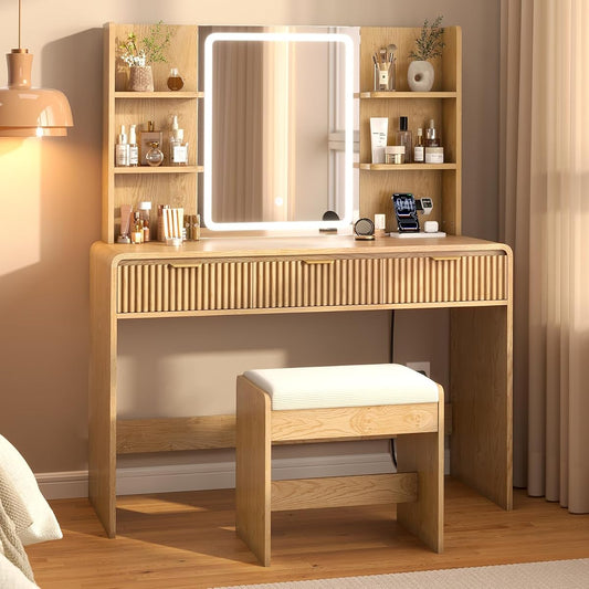 Fluted Vanity Desk with Mirror Light, Stool, Power Outlet Natural | 3 Color Touch Control Light, Fluted Wood Drawers, 3 Drawers 4 Shelves, Ideal Bedroom Furniture for Girls Age 8-16