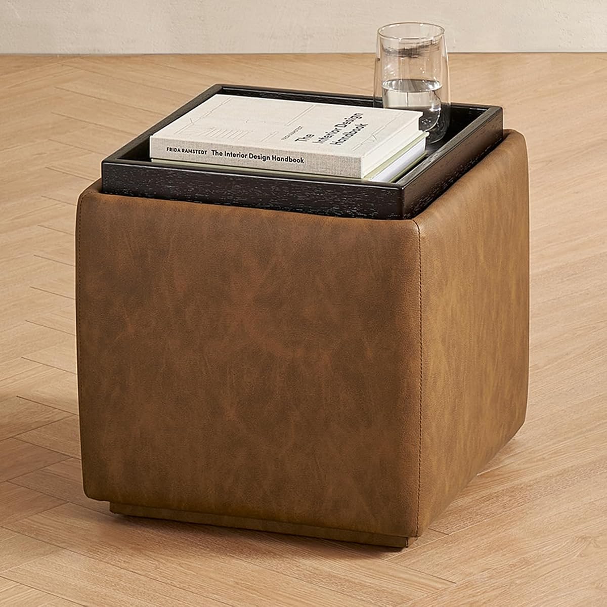 Levi Storage Ottoman with Reversible Tray, Modern Square Chest Coffee Table, Upholstered Cube Sitting Foot Stools Ottoman for Living Room, Bedroom, Entryway (Faux Leather, Pecan Brown)