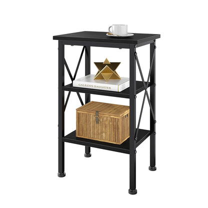 End Table, Bedside Table, 24" Tall Living Room End Tables, X-Design Reinforced Nightstands, Side Table with 3-Tier Storage Shelves for Small Spaces, Office, Bathroom, Bedroom, Classic Black
