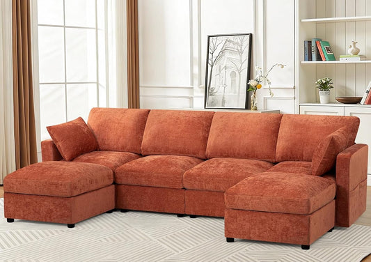 110” Chenille 4-Seats Sofa W/Two Movable Ottomans, Orange | Modern Fabric U-Shaped Couch w/Soft Backrests, Upholstered Sectional Sofa w/Arm Pillows for Living Room, Office